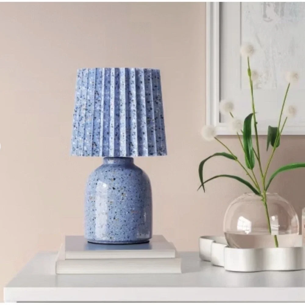 Set of 2 Mini Printed‎ Ceramic Base Table Lamps with Printed Pleated Shades NEW